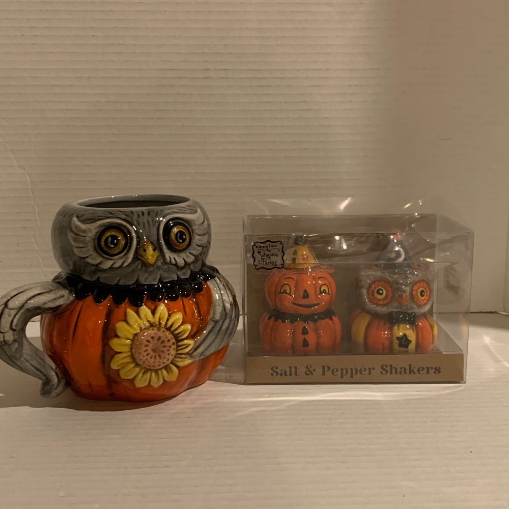 Johanna Parker Mug Owl and Pumpkin Salt & Pepper Shakers NEW